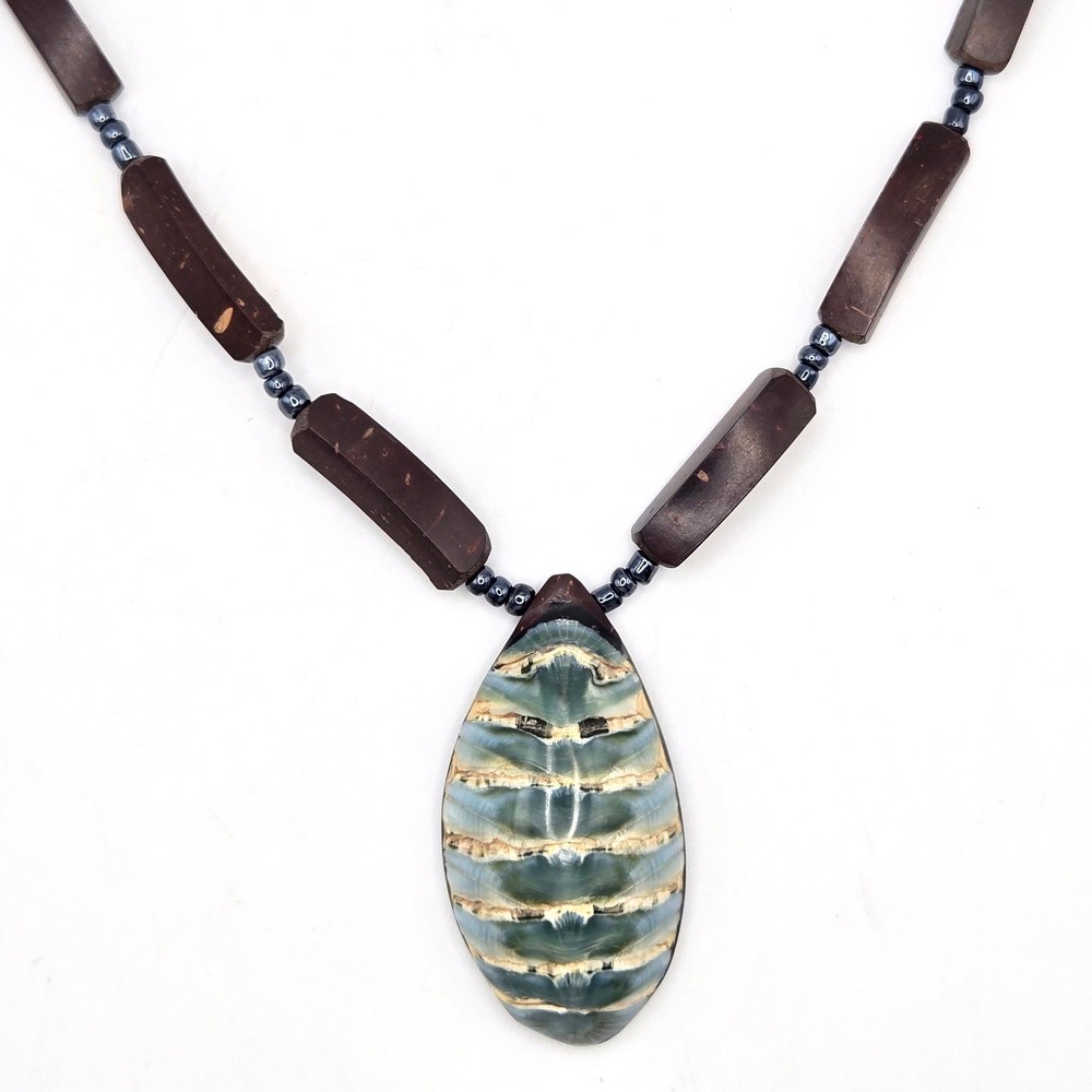 Chiton Shell Pendant Necklace Coconut Wood Beads Hematite Spacers 18"